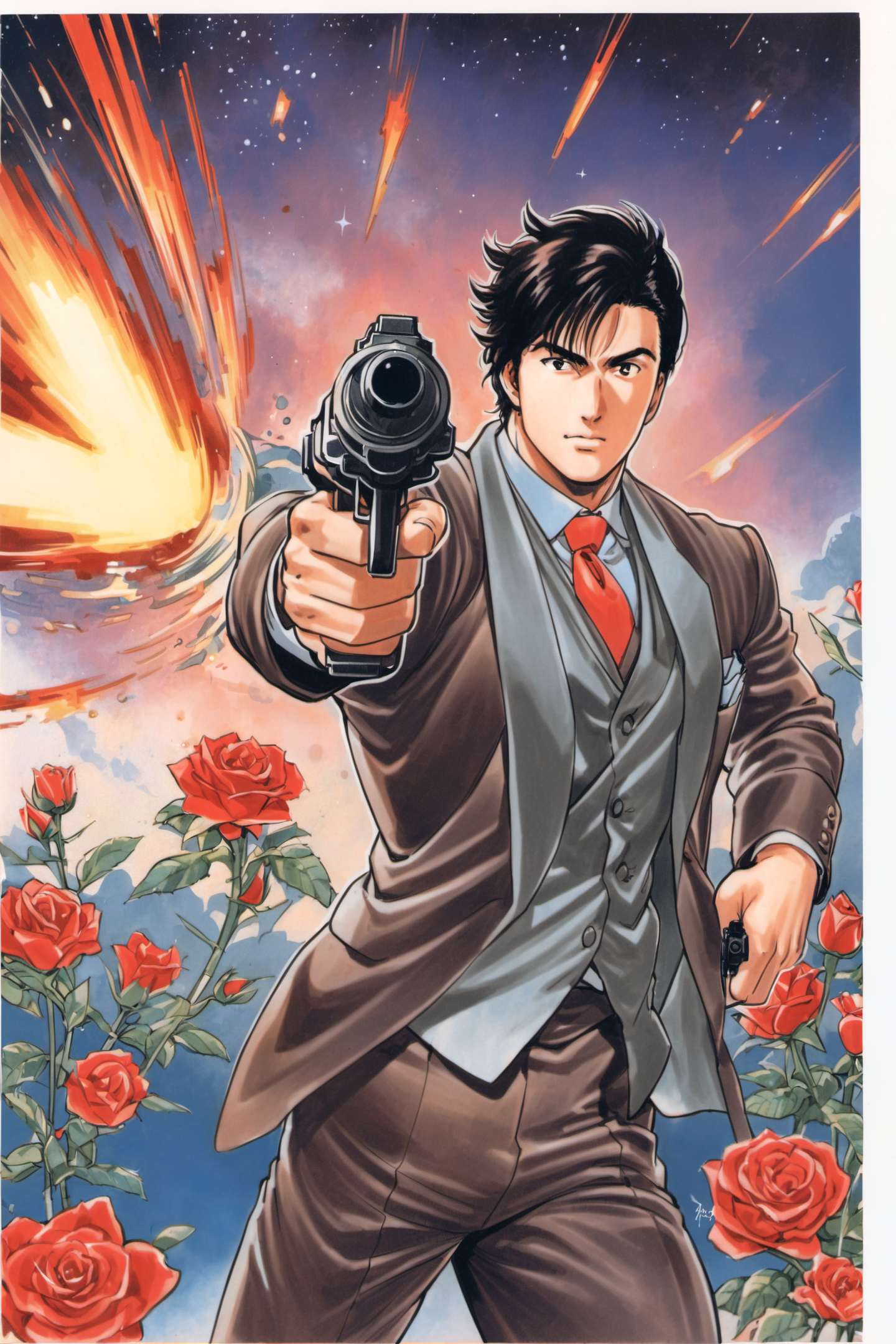 24450-3849865401-Saeba Ryo,1boy,weapon,solo,male focus,gun,traditional media,formal,flower,suit,rose,firing,necktie,handgun,red flower,marker (me.png